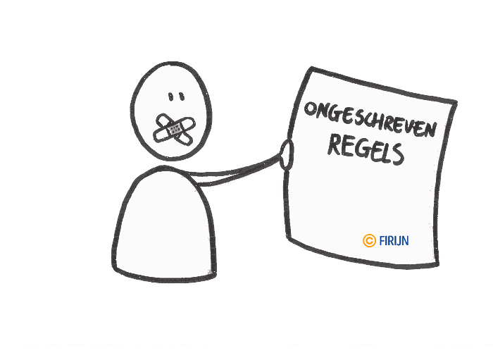 Stripfiguur met plakband over de mond en een bordje met de tekst "ongeschreven regels", als symbool voor de onuitgesproken regels binnen een team